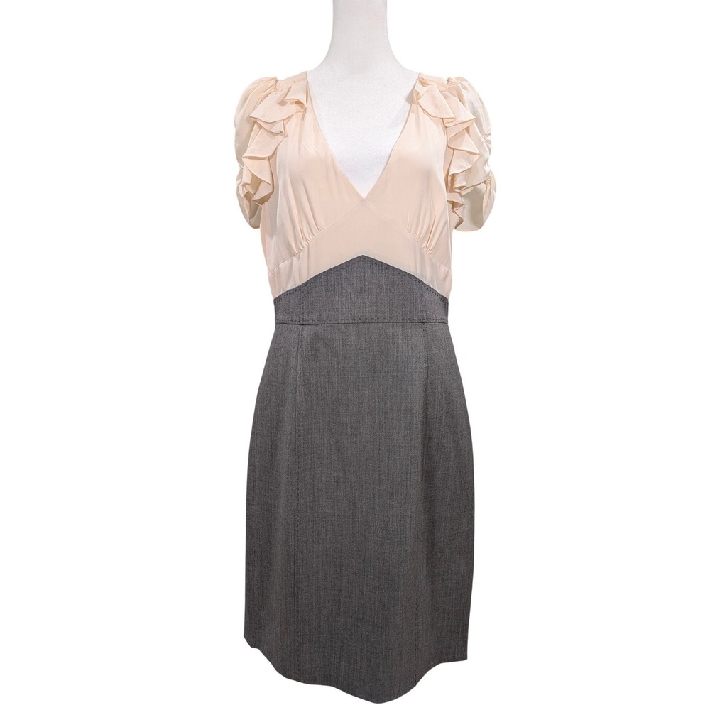 Rebecca Taylor Cream Ruffle V-Neck Grey Sheath Dress Size 12‎ Office Coquette